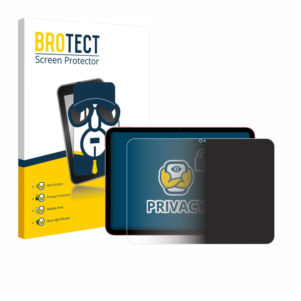 Parte frontale di una confezione del prodotto con il logo del marchio BROTECT. Accanto è raffigurato il dispositivo Apple iPad