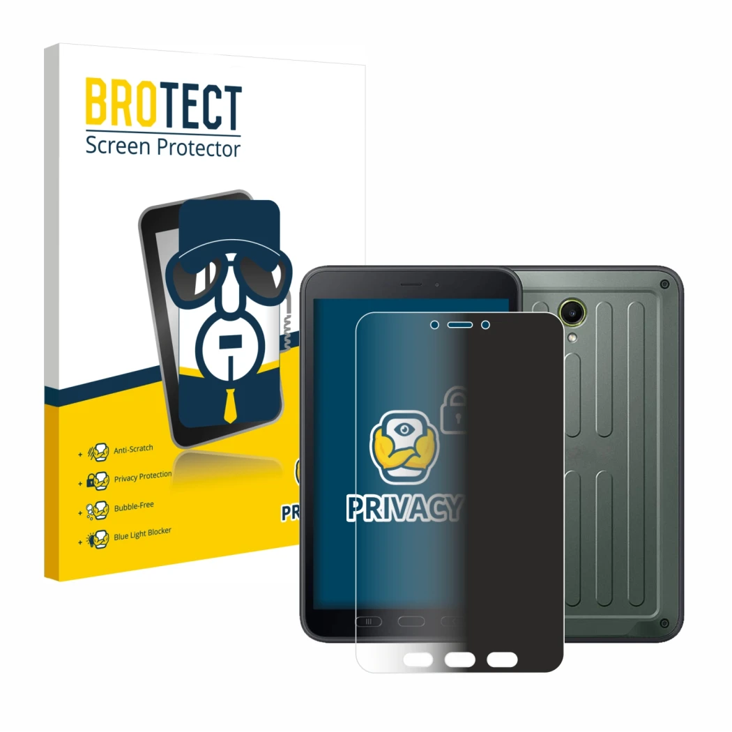 Parte frontale di una confezione del prodotto con il logo del marchio BROTECT. Accanto è raffigurato il dispositivo Samsung Ga