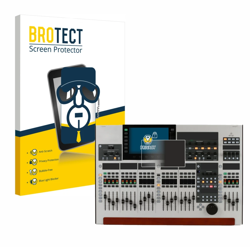 Parte frontale di una confezione del prodotto con il logo del marchio BROTECT. Accanto è raffigurato il dispositivo Behringer 