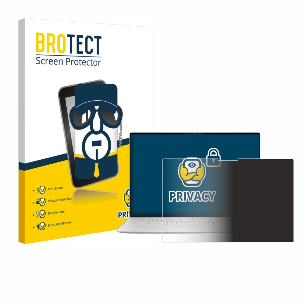 Parte frontale di una confezione del prodotto con il logo del marchio BROTECT. Accanto è raffigurato il dispositivo Dell XPS 1