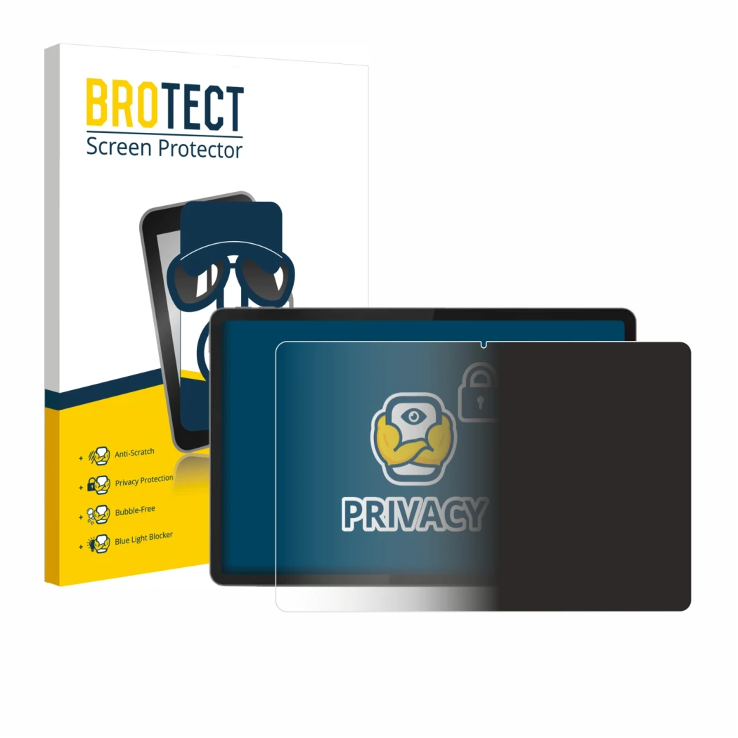 Parte frontale di una confezione del prodotto con il logo del marchio BROTECT. Accanto è raffigurato il dispositivo Lenovo Tab