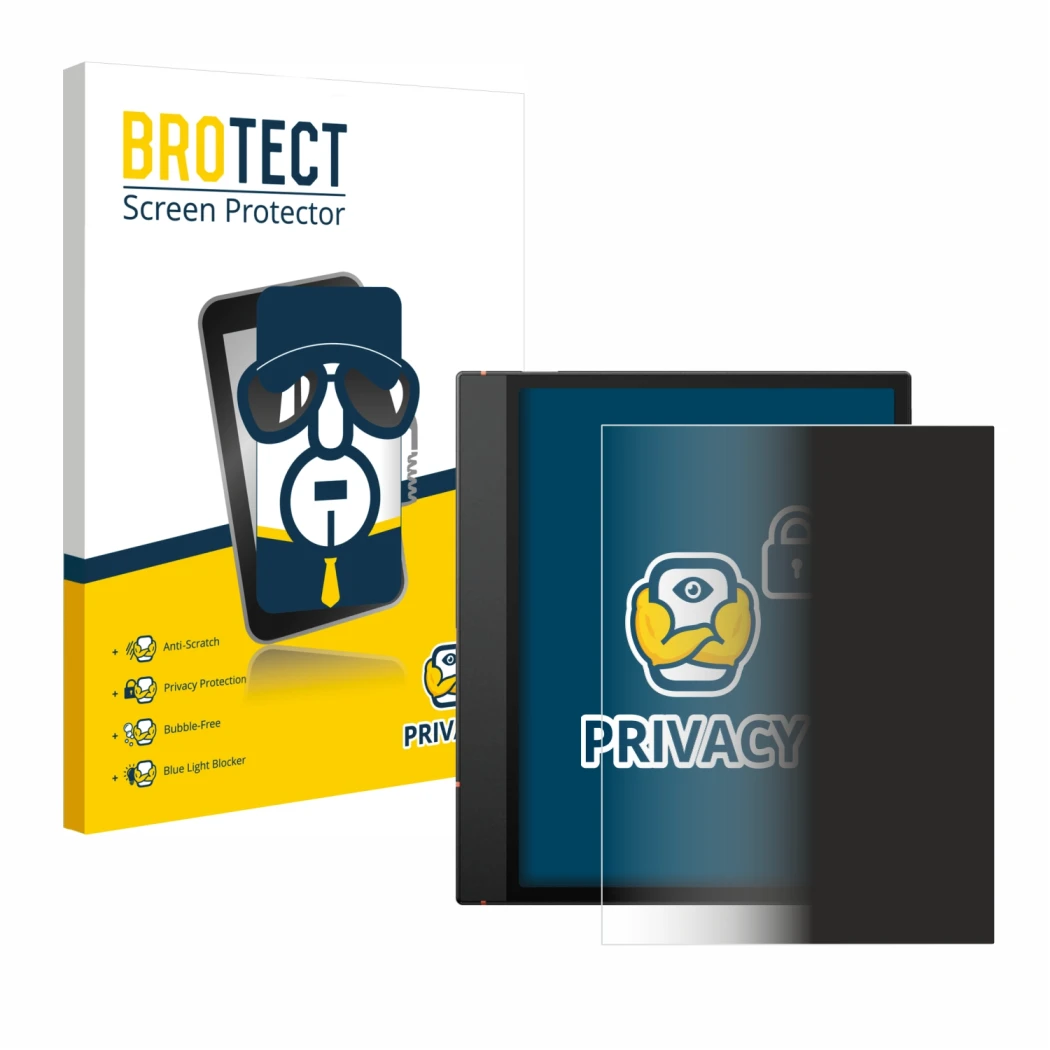 Parte frontale di una confezione del prodotto con il logo del marchio BROTECT. Accanto è raffigurato il dispositivo Boox Note 