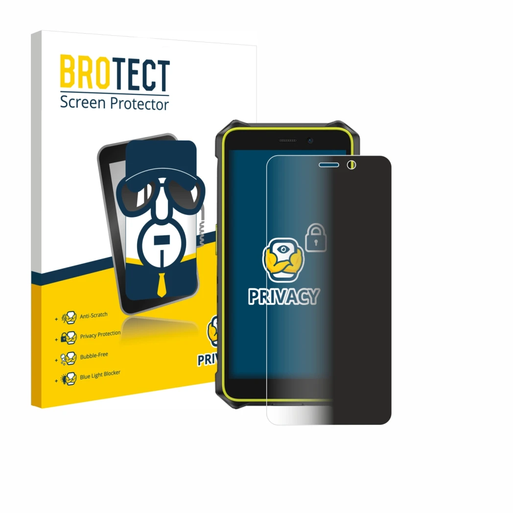 Parte frontale di una confezione del prodotto con il logo del marchio BROTECT. Accanto è raffigurato il dispositivo Ulefone Ru