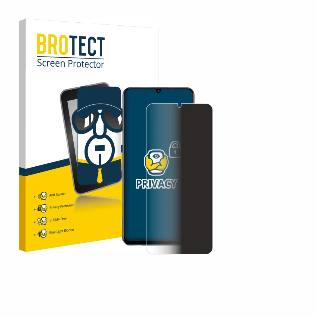 Parte frontale di una confezione del prodotto con il logo del marchio BROTECT. Accanto è raffigurato il dispositivo realme Not