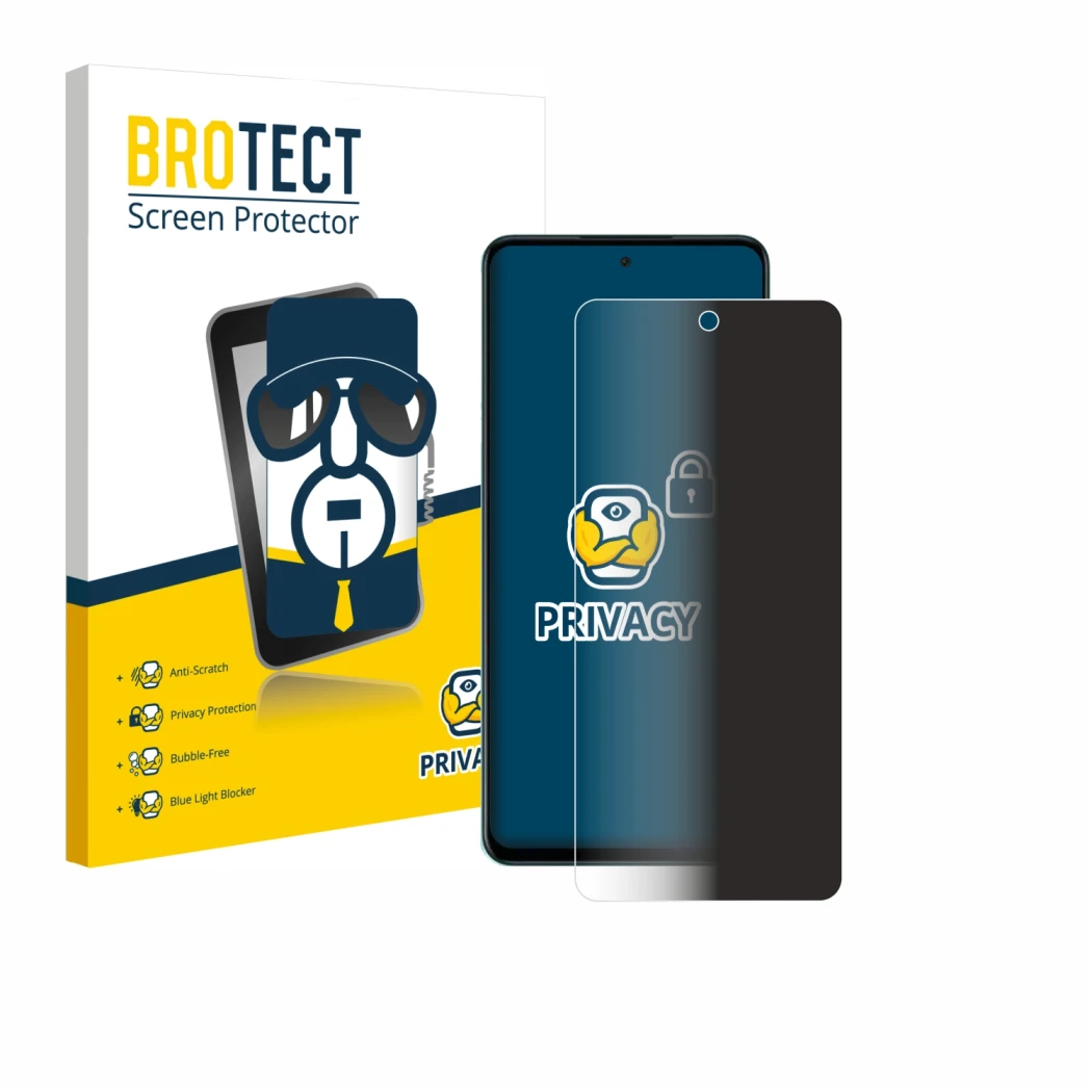 Parte frontale di una confezione del prodotto con il logo del marchio BROTECT. Accanto è raffigurato il dispositivo Oppo A5 4G