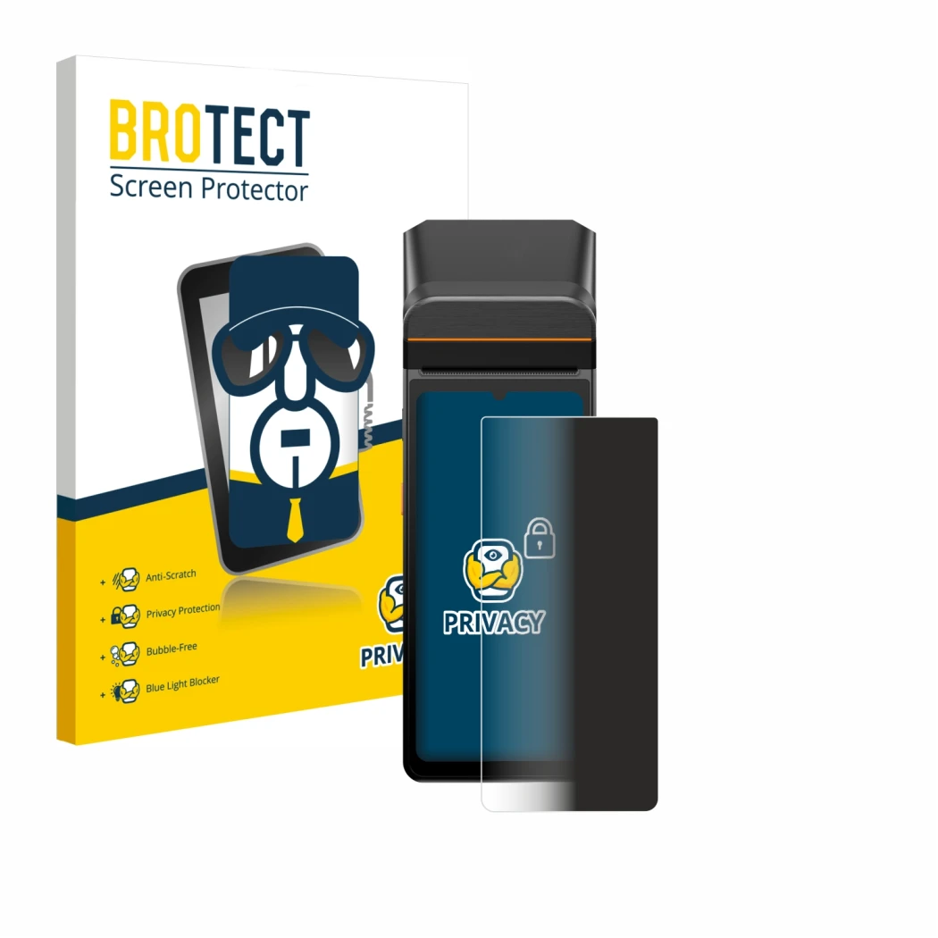 Parte frontale di una confezione del prodotto con il logo del marchio BROTECT. Accanto è raffigurato il dispositivo Sunmi V3 A