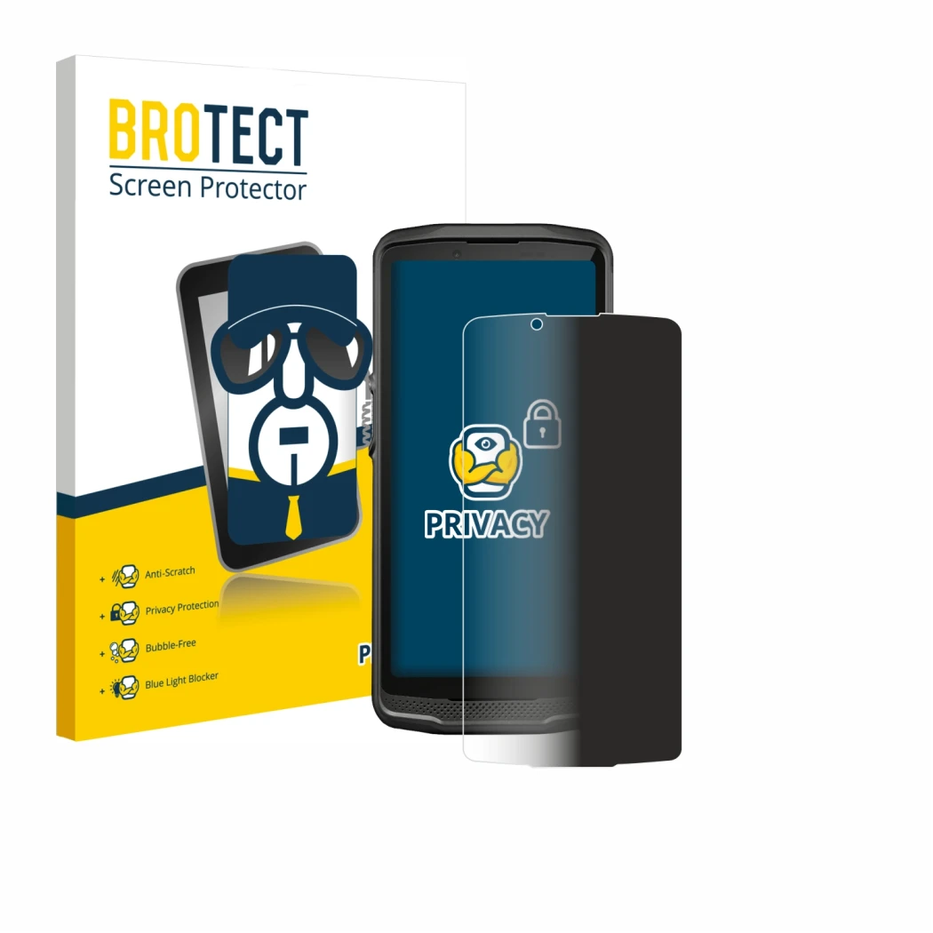 Parte frontale di una confezione del prodotto con il logo del marchio BROTECT. Accanto è raffigurato il dispositivo Crosscall