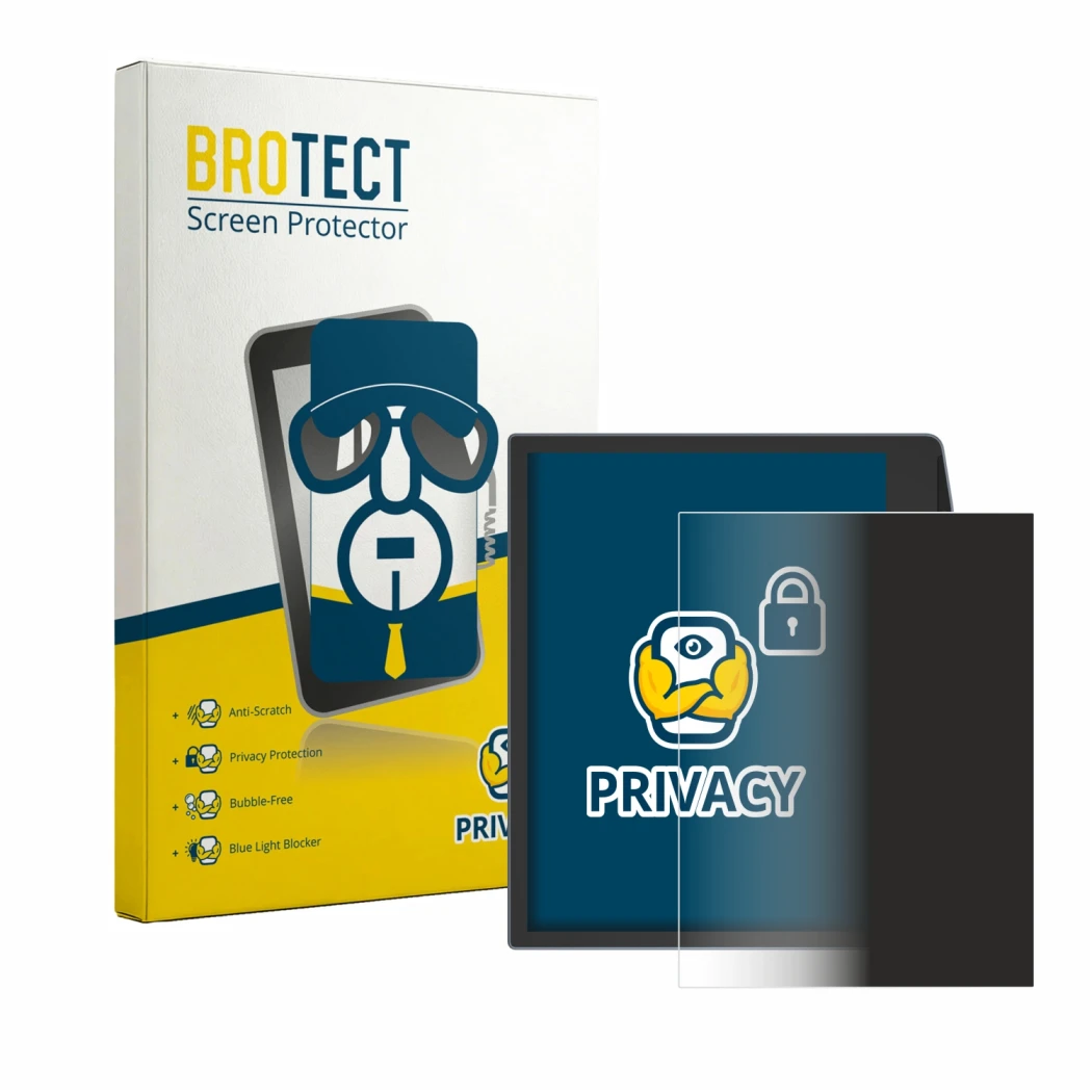 Parte frontale di una confezione del prodotto con il logo del marchio BROTECT. Accanto è raffigurato il dispositivo PocketBook