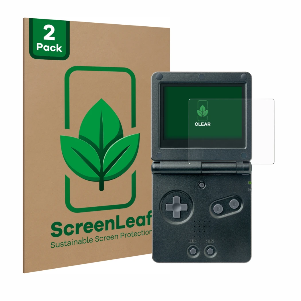 Parte frontale di una confezione del prodotto con il logo del marchio ScreenLeaf. Accanto è raffigurato il dispositivo Nintend