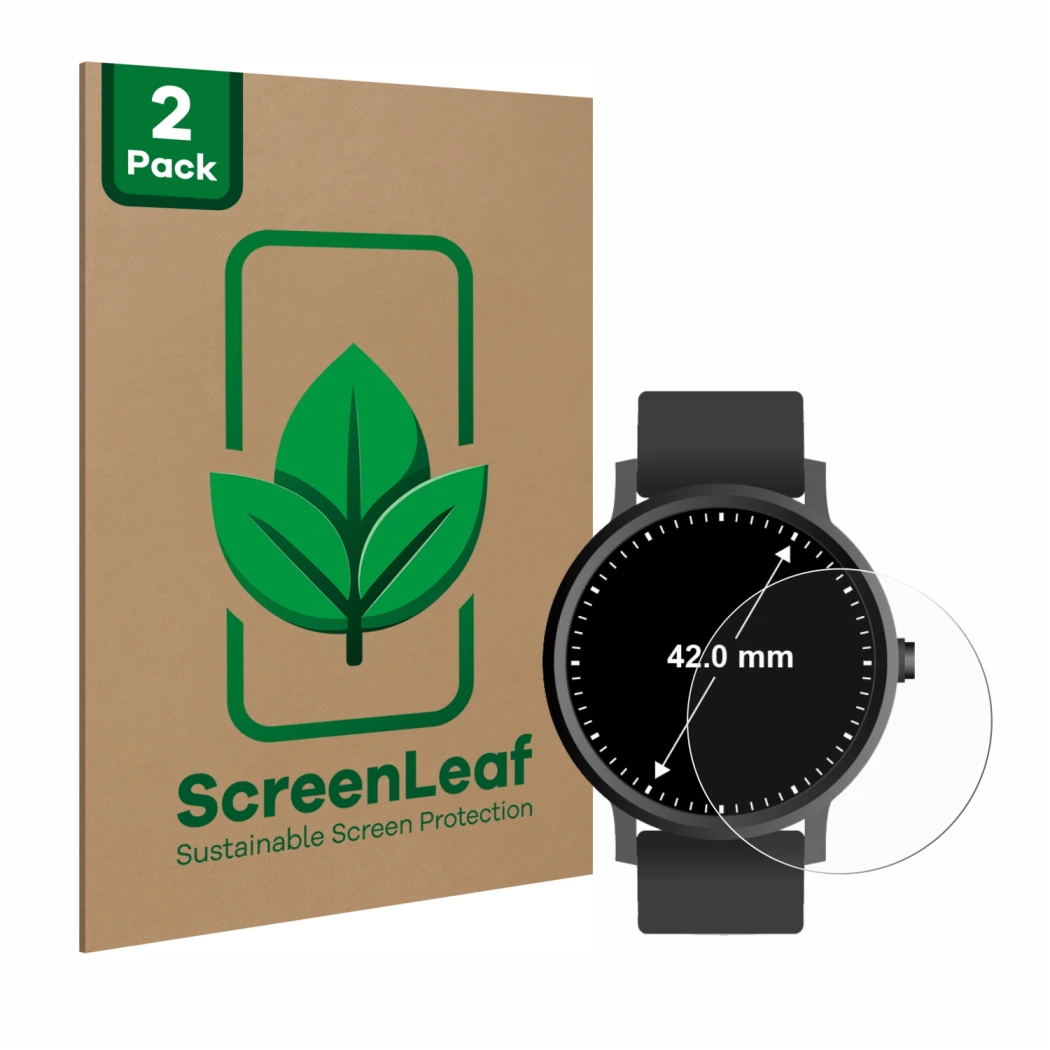 Parte frontale di una confezione del prodotto con il logo del marchio ScreenLeaf. Accanto è raffigurato il dispositivo Orologi