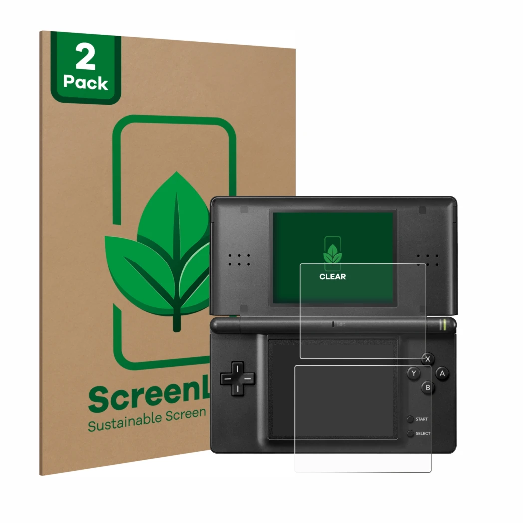 Parte frontale di una confezione del prodotto con il logo del marchio ScreenLeaf. Accanto è raffigurato il dispositivo Nintend