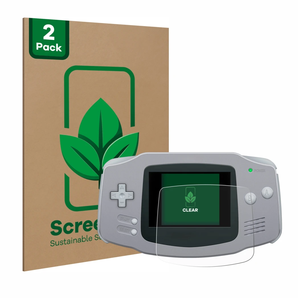 Parte frontale di una confezione del prodotto con il logo del marchio ScreenLeaf. Accanto è raffigurato il dispositivo Nintend