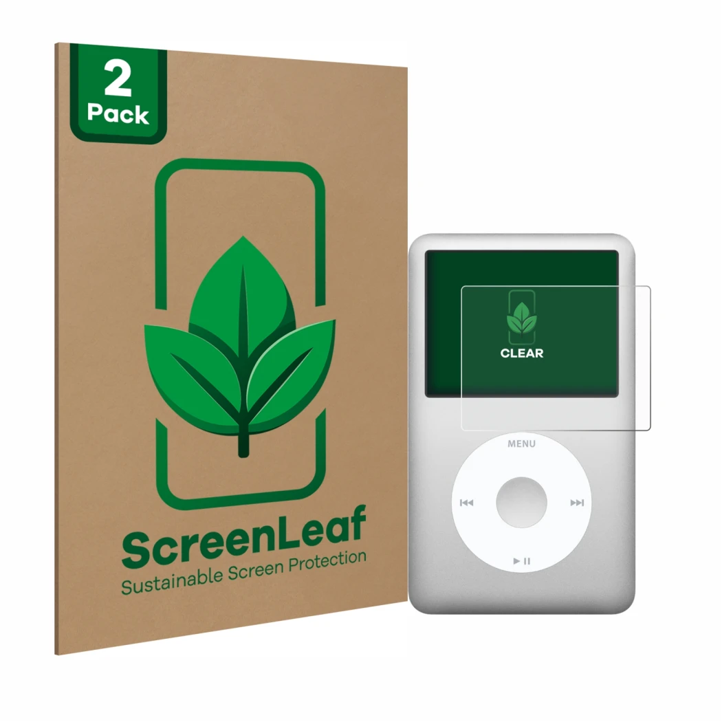 Parte frontale di una confezione del prodotto con il logo del marchio ScreenLeaf. Accanto è raffigurato il dispositivo Apple i