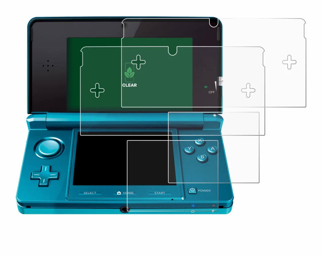 Immagine del dispositivo Nintendo 3DS con un'ampia varietà di protezioni per lo schermo.