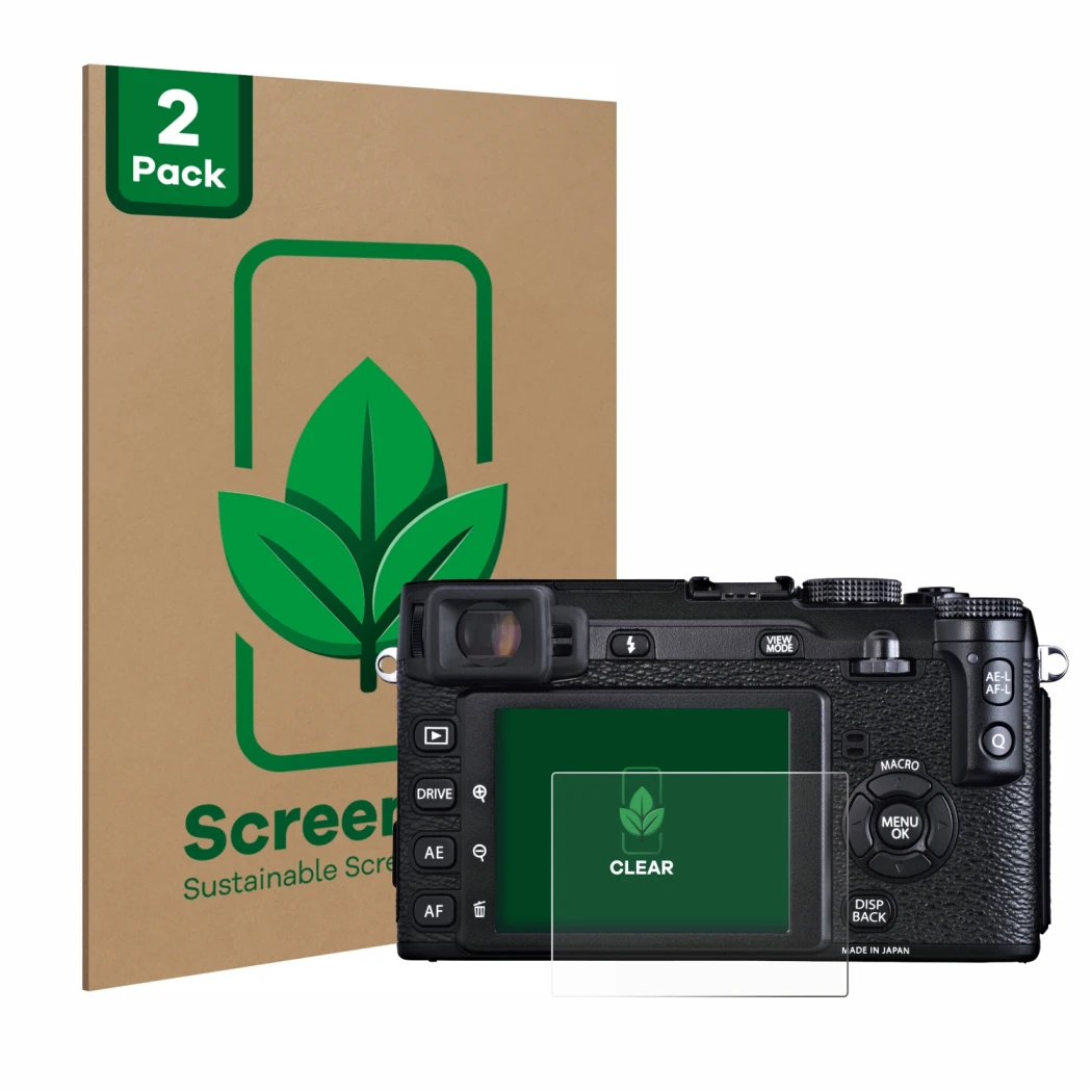 Parte frontale di una confezione del prodotto con il logo del marchio ScreenLeaf. Accanto è raffigurato il dispositivo Fujifil