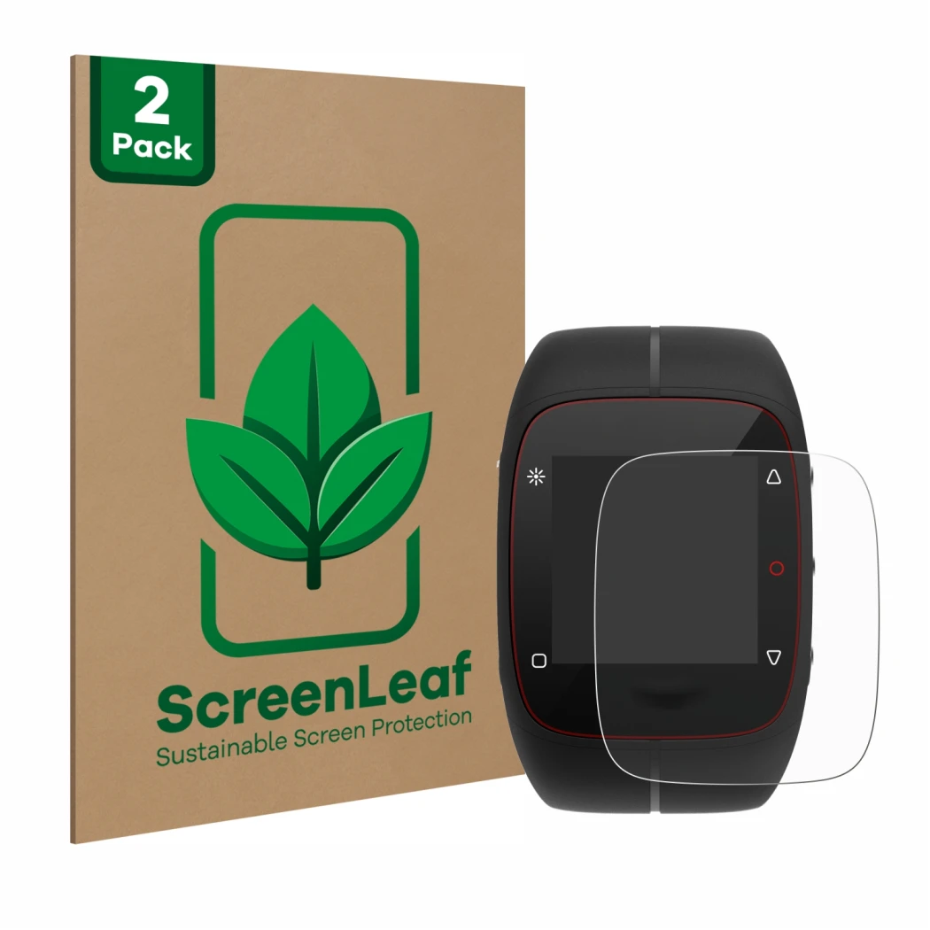 Parte frontale di una confezione del prodotto con il logo del marchio ScreenLeaf. Accanto è raffigurato il dispositivo Polar M