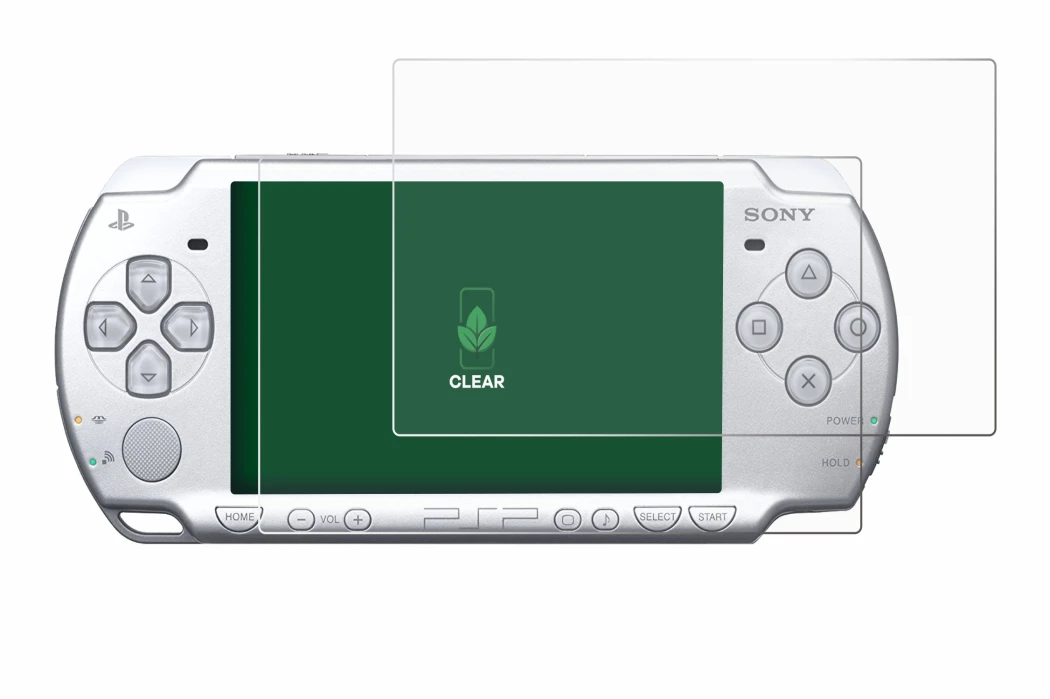 Immagine del dispositivo Sony PSP 2004 con un'ampia varietà di protezioni per lo schermo.