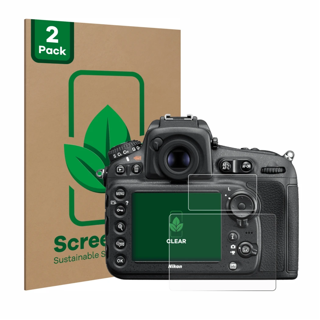 Parte frontale di una confezione del prodotto con il logo del marchio ScreenLeaf. Accanto è raffigurato il dispositivo Nikon D