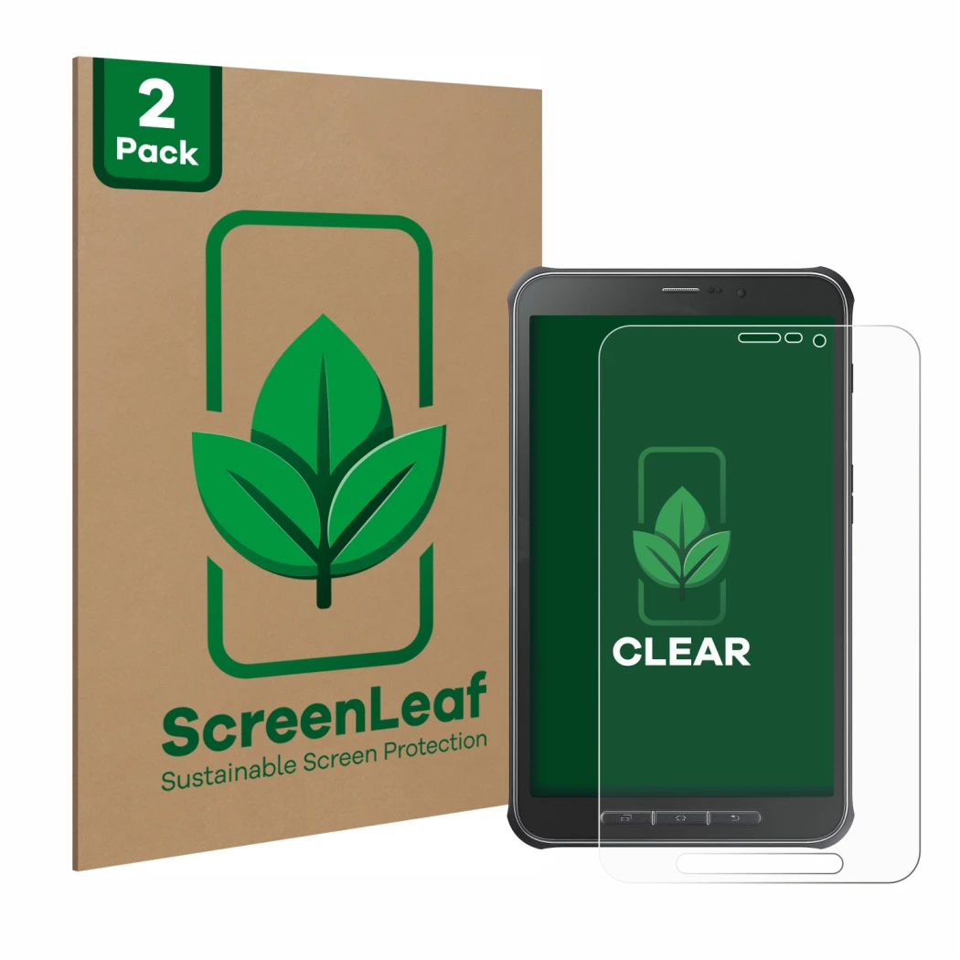 Parte frontale di una confezione del prodotto con il logo del marchio ScreenLeaf. Accanto è raffigurato il dispositivo Samsung