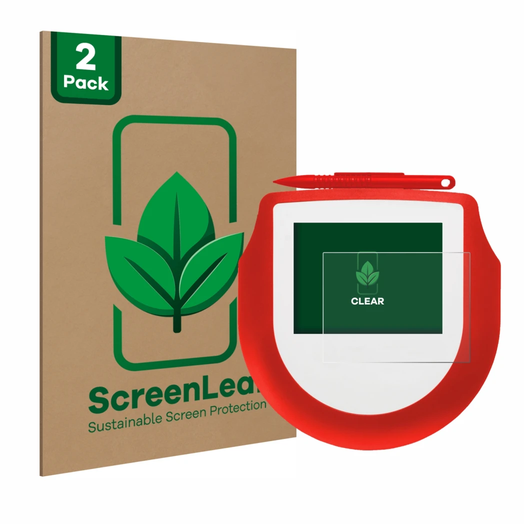 Parte frontale di una confezione del prodotto con il logo del marchio ScreenLeaf. Accanto è raffigurato il dispositivo Signote