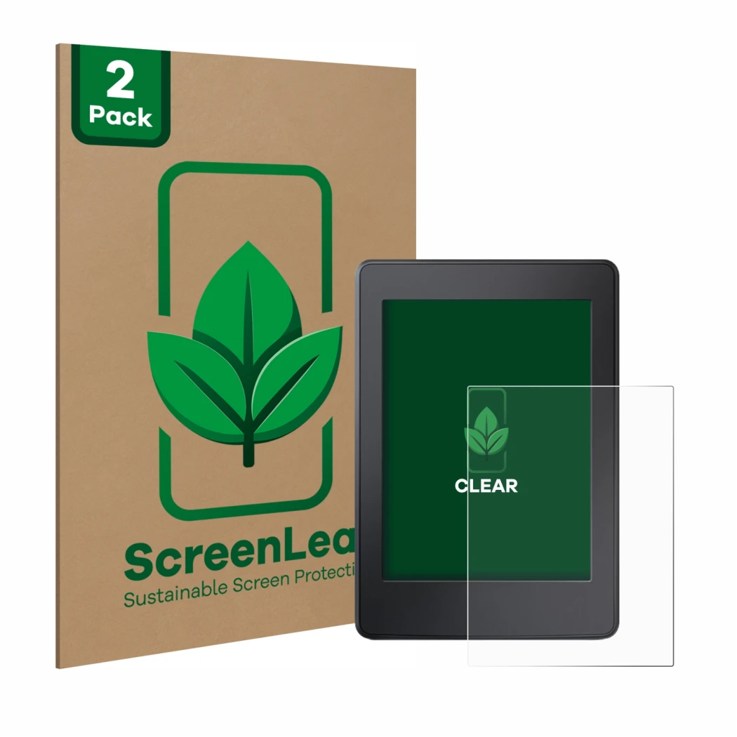 Parte frontale di una confezione del prodotto con il logo del marchio ScreenLeaf. Accanto è raffigurato il dispositivo Amazon 