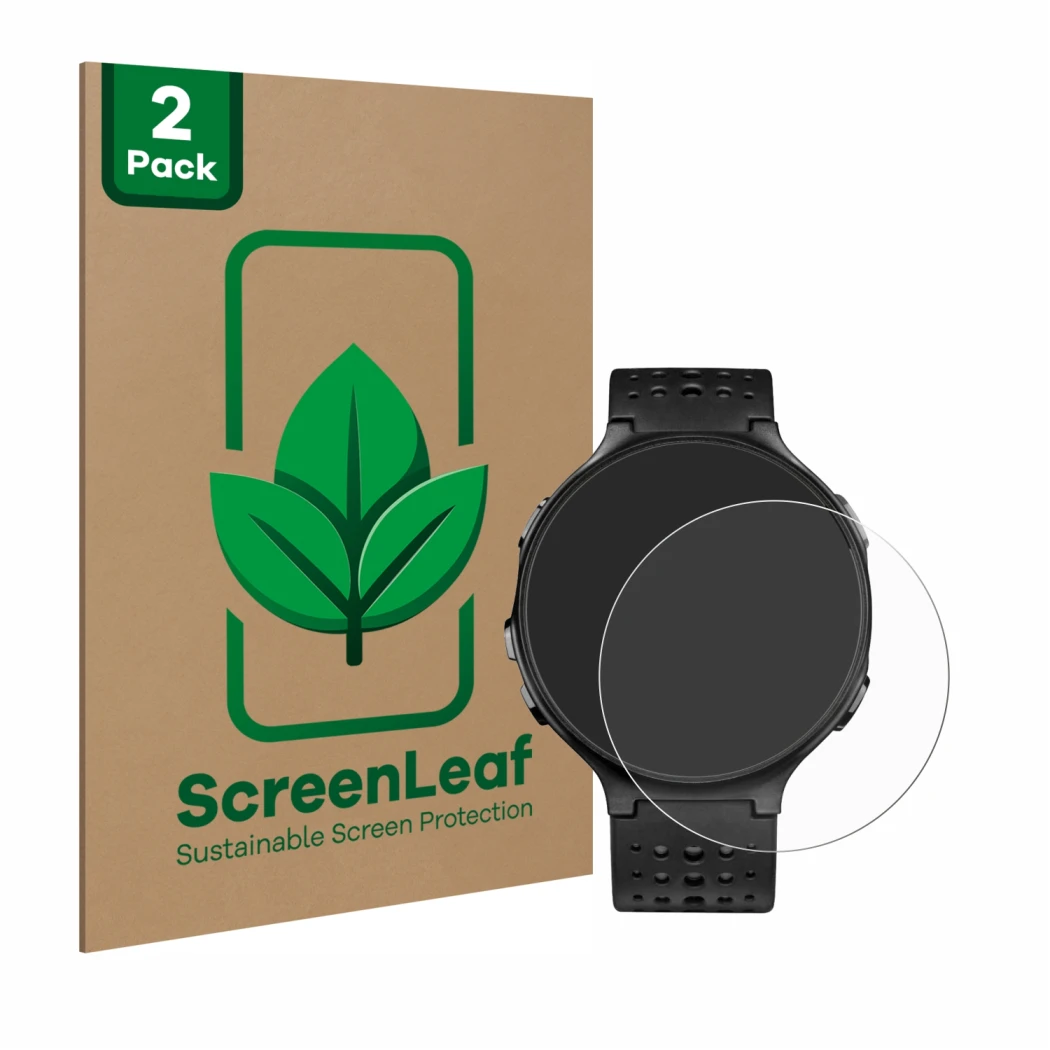 Parte frontale di una confezione del prodotto con il logo del marchio ScreenLeaf. Accanto è raffigurato il dispositivo Garmin 