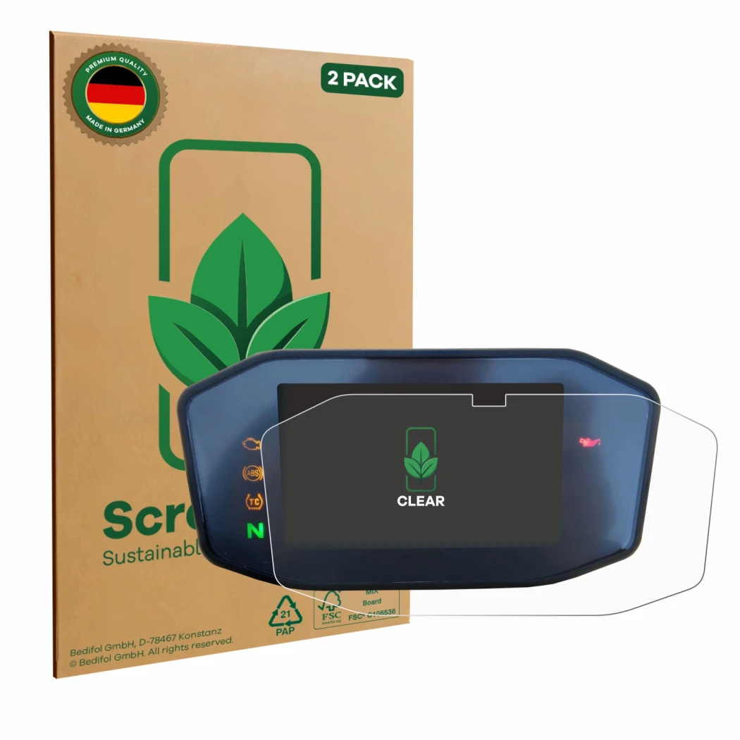 Parte frontale di una confezione del prodotto con il logo del marchio ScreenLeaf. Accanto è raffigurato il dispositivo KTM 690