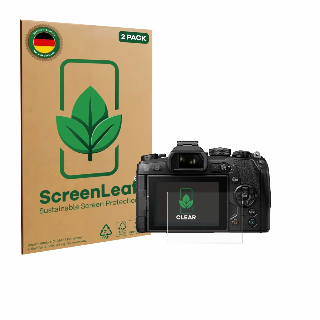 Parte frontale di una confezione del prodotto con il logo del marchio ScreenLeaf. Accanto è raffigurato il dispositivo Olympus