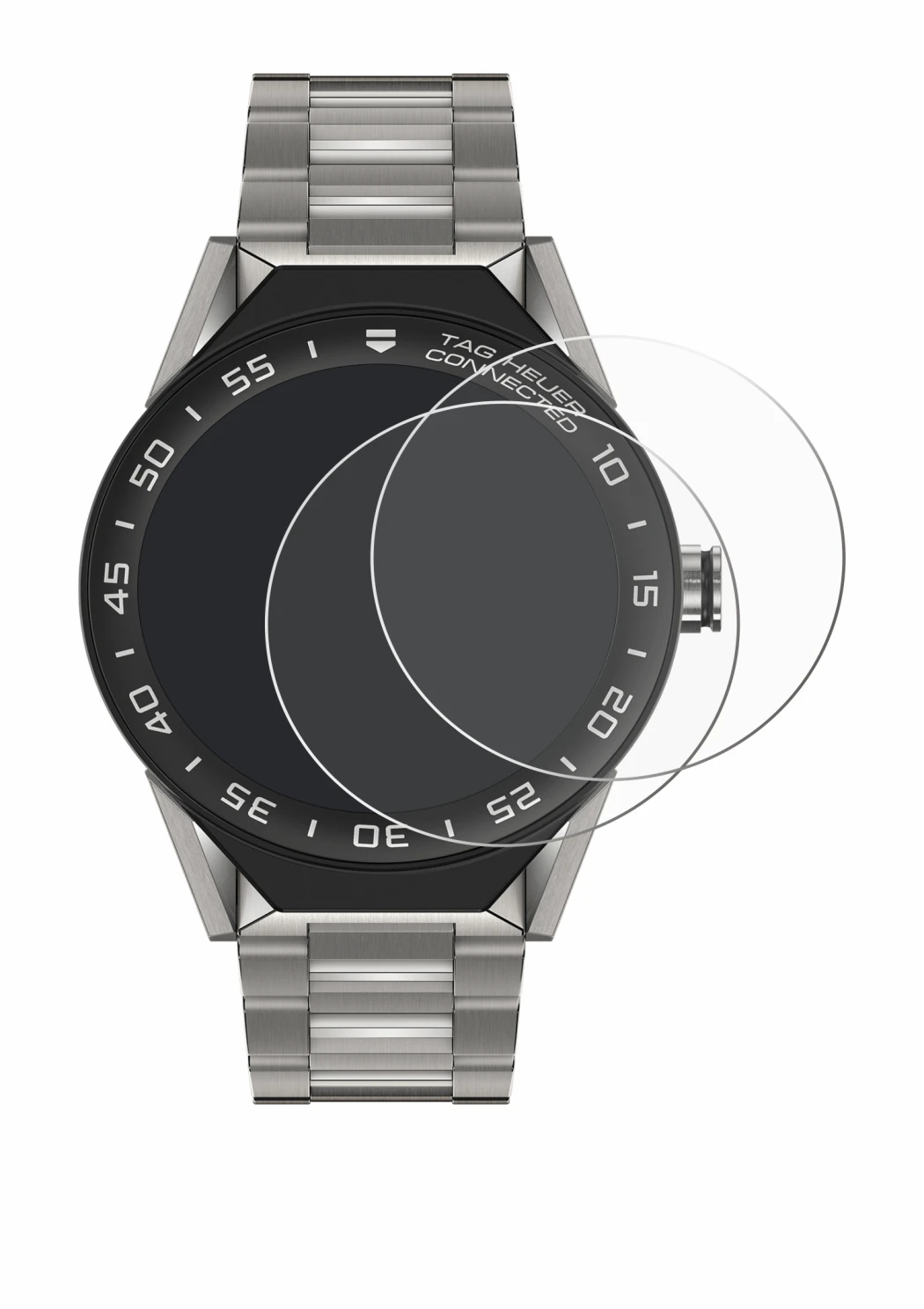 Immagine del dispositivo TAG Heuer Connected Modular 45 con un'ampia varietà di protezioni per lo schermo.