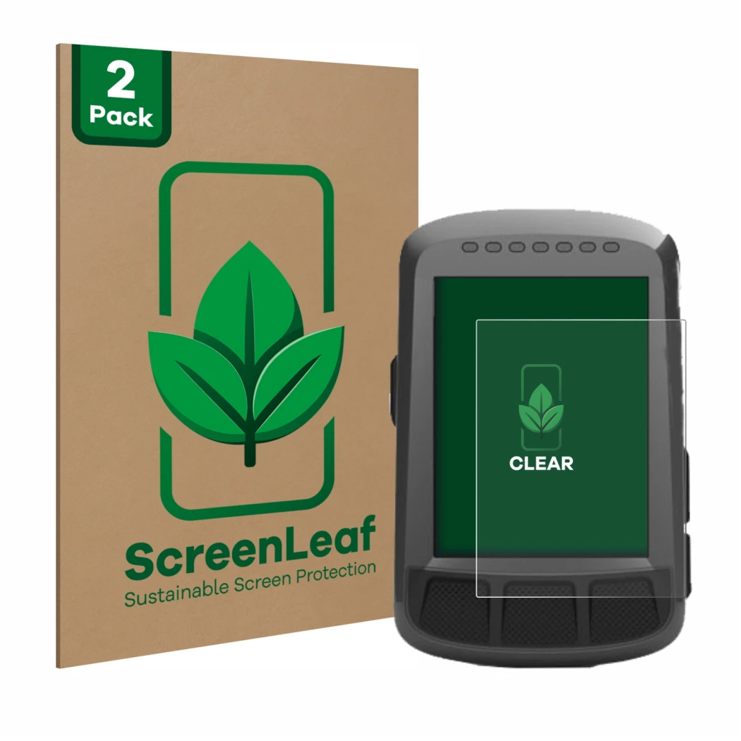 Parte frontale di una confezione del prodotto con il logo del marchio ScreenLeaf. Accanto è raffigurato il dispositivo Wahoo E