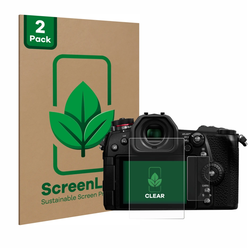 Parte frontale di una confezione del prodotto con il logo del marchio ScreenLeaf. Accanto è raffigurato il dispositivo Panason