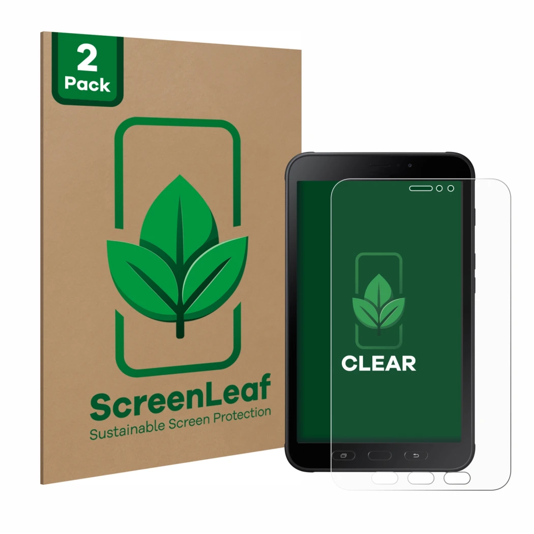 Parte frontale di una confezione del prodotto con il logo del marchio ScreenLeaf. Accanto è raffigurato il dispositivo Samsung