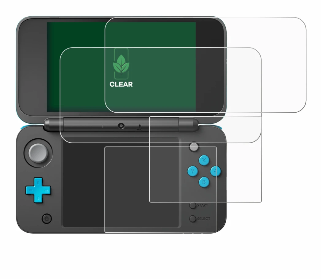 Immagine del dispositivo New Nintendo 2DS XL con un'ampia varietà di protezioni per lo schermo.
