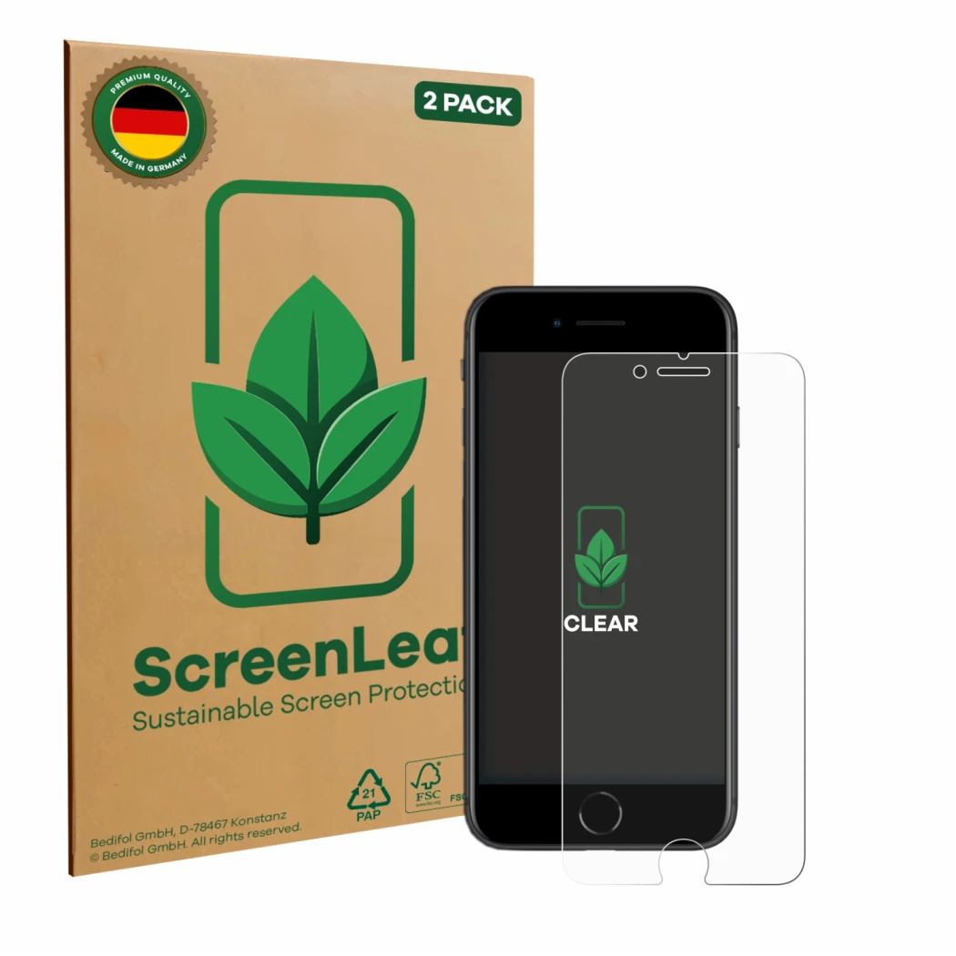 Parte frontale di una confezione del prodotto con il logo del marchio ScreenLeaf. Accanto è raffigurato il dispositivo Apple i