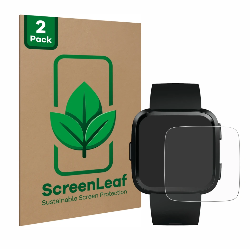 Parte frontale di una confezione del prodotto con il logo del marchio ScreenLeaf. Accanto è raffigurato il dispositivo Fitbit 