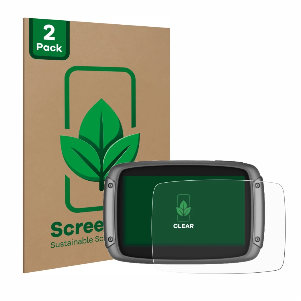Parte frontale di una confezione del prodotto con il logo del marchio ScreenLeaf. Accanto è raffigurato il dispositivo TomTom 
