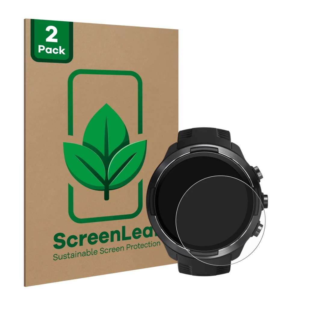 Parte frontale di una confezione del prodotto con il logo del marchio ScreenLeaf. Accanto è raffigurato il dispositivo Suunto 