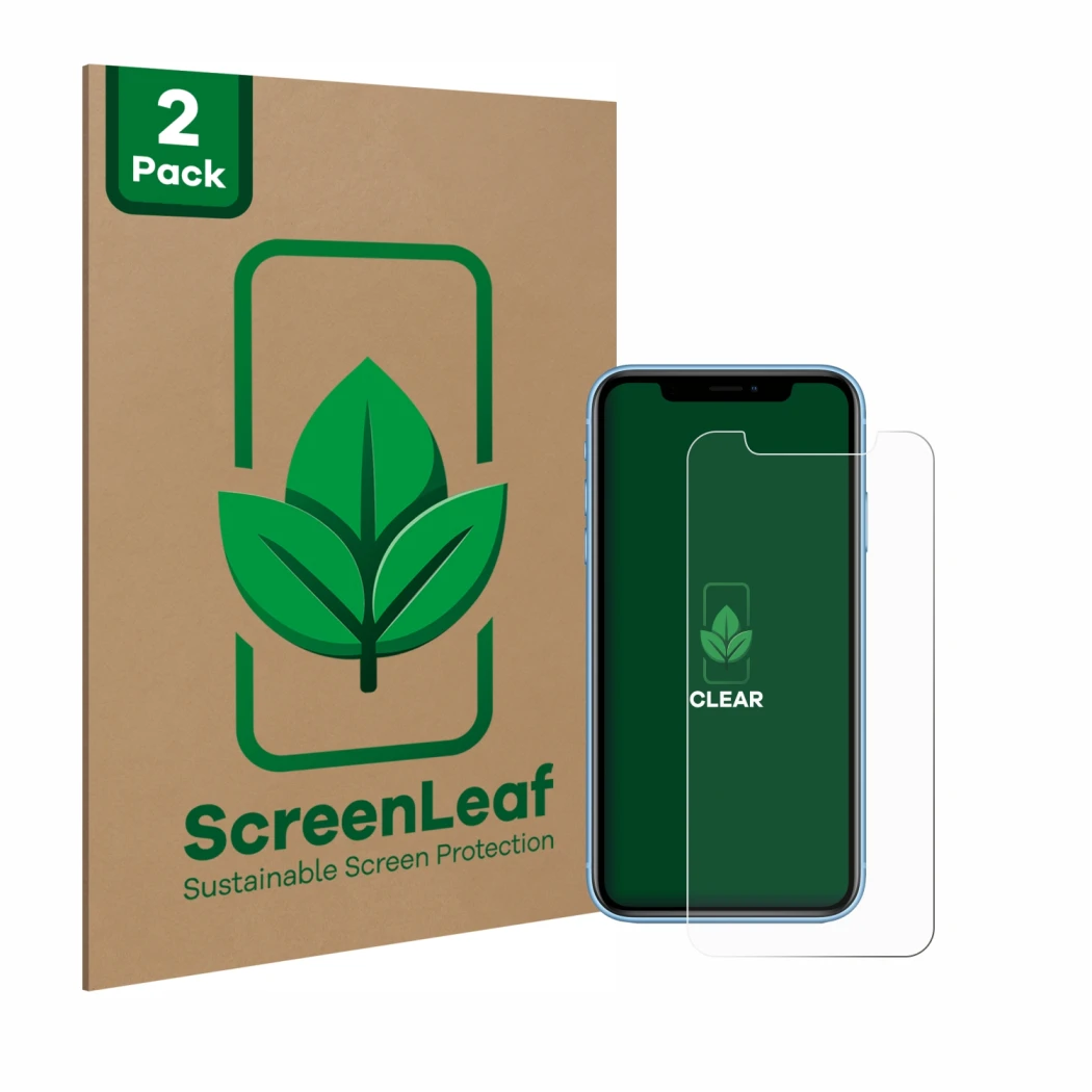 Parte frontale di una confezione del prodotto con il logo del marchio ScreenLeaf. Accanto è raffigurato il dispositivo Apple i