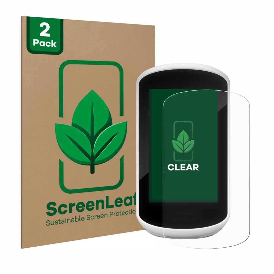 Parte frontale di una confezione del prodotto con il logo del marchio ScreenLeaf. Accanto è raffigurato il dispositivo Garmin 