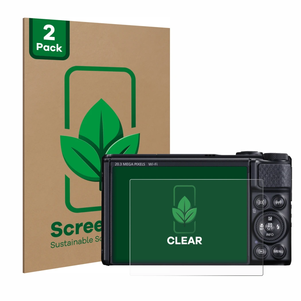 Parte frontale di una confezione del prodotto con il logo del marchio ScreenLeaf. Accanto è raffigurato il dispositivo Canon P