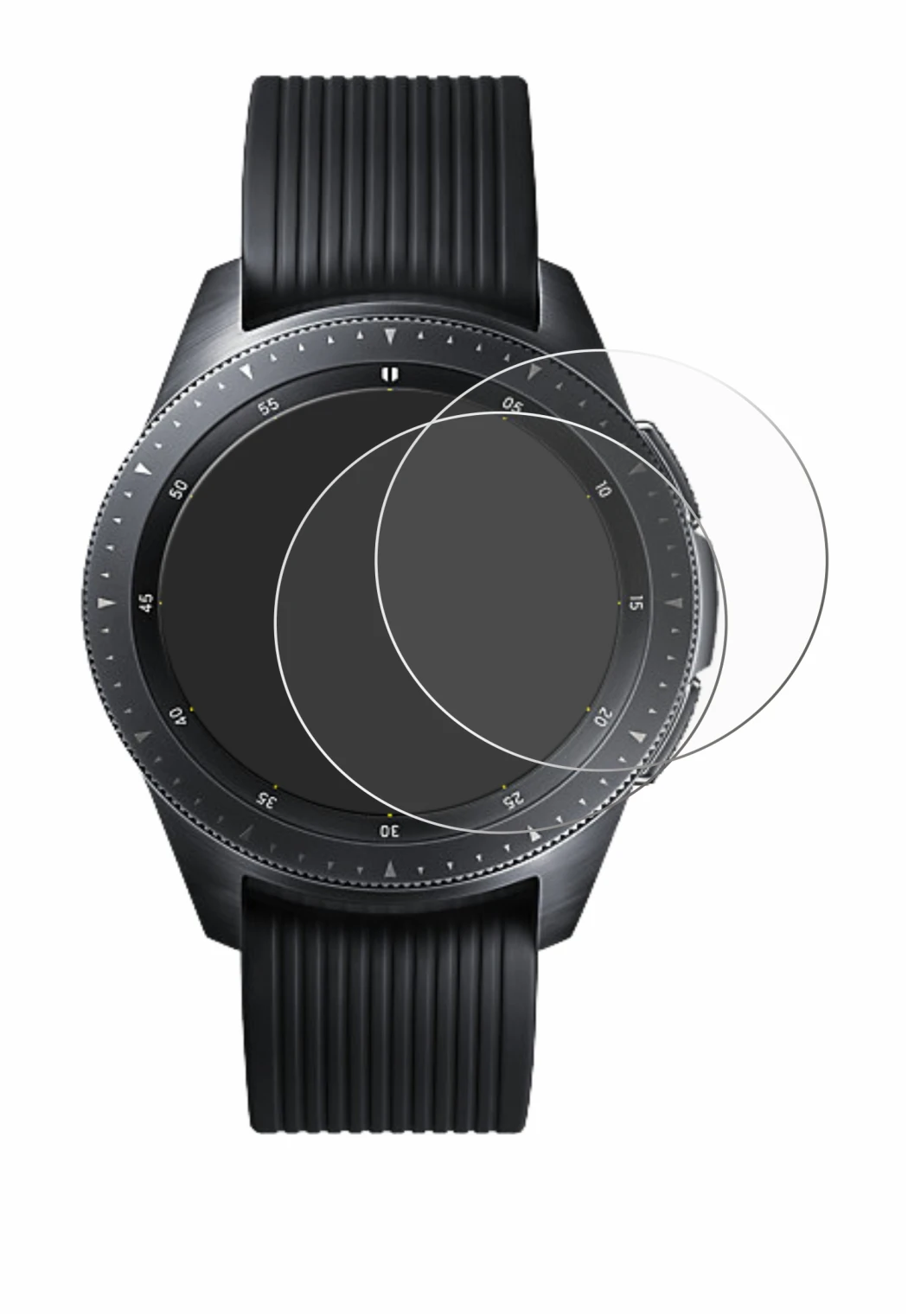 Immagine del dispositivo Samsung Galaxy Watch (42 mm) con un'ampia varietà di protezioni per lo schermo.