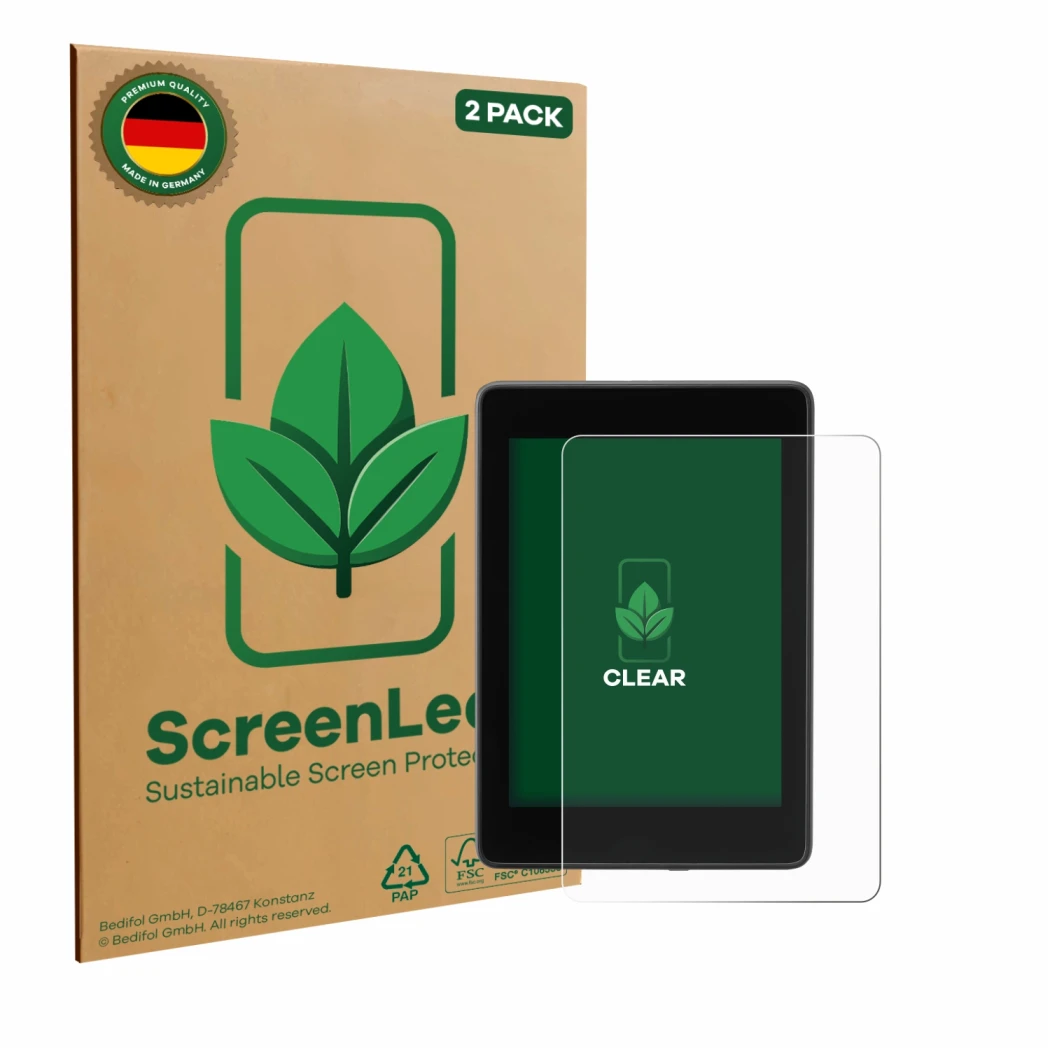Parte frontale di una confezione del prodotto con il logo del marchio ScreenLeaf. Accanto è raffigurato il dispositivo Amazon 