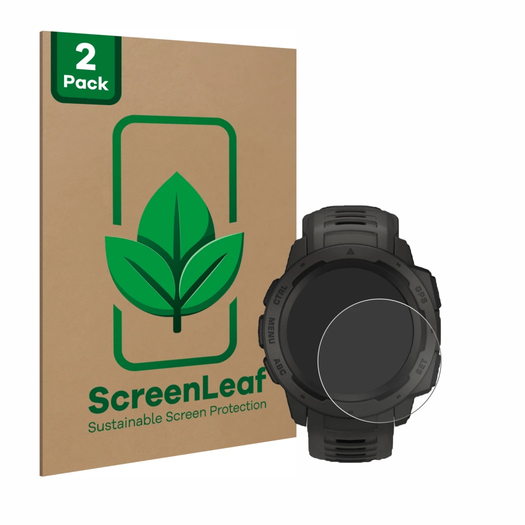 Parte frontale di una confezione del prodotto con il logo del marchio ScreenLeaf. Accanto è raffigurato il dispositivo Garmin 