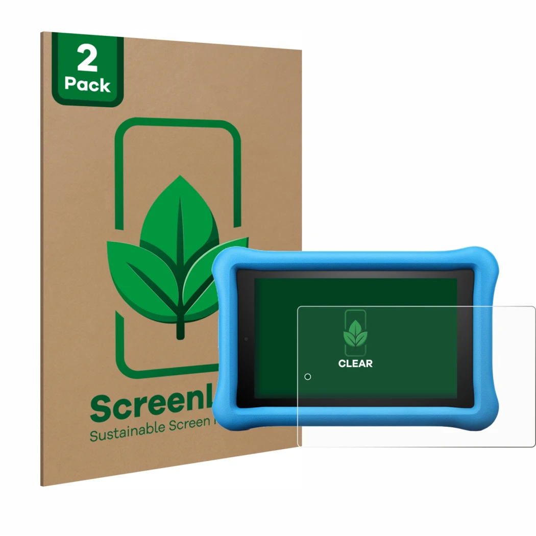 Parte frontale di una confezione del prodotto con il logo del marchio ScreenLeaf. Accanto è raffigurato il dispositivo Amazon 