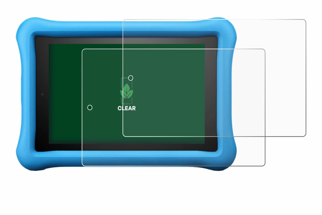 Immagine del dispositivo Amazon Fire HD 8 Kids Edition 2018 (8a Gen.) con un'ampia varietà di protezioni per lo schermo.
