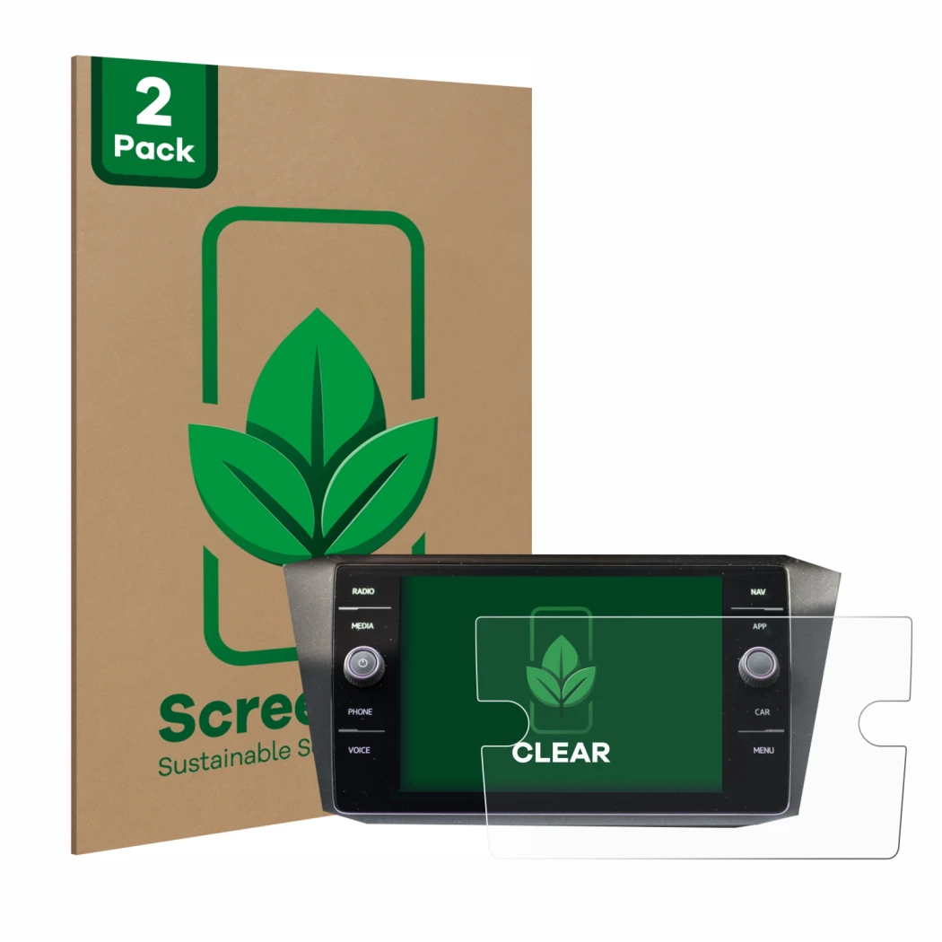 Parte frontale di una confezione del prodotto con il logo del marchio ScreenLeaf. Accanto è raffigurato il dispositivo Volkswa
