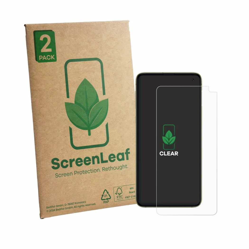 Parte frontale di una confezione del prodotto con il logo del marchio ScreenLeaf. Accanto è raffigurato il dispositivo Samsung
