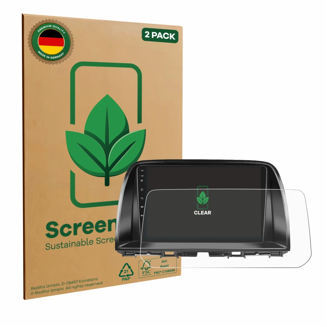 Parte frontale di una confezione del prodotto con il logo del marchio ScreenLeaf. Accanto è raffigurato il dispositivo Mazda C