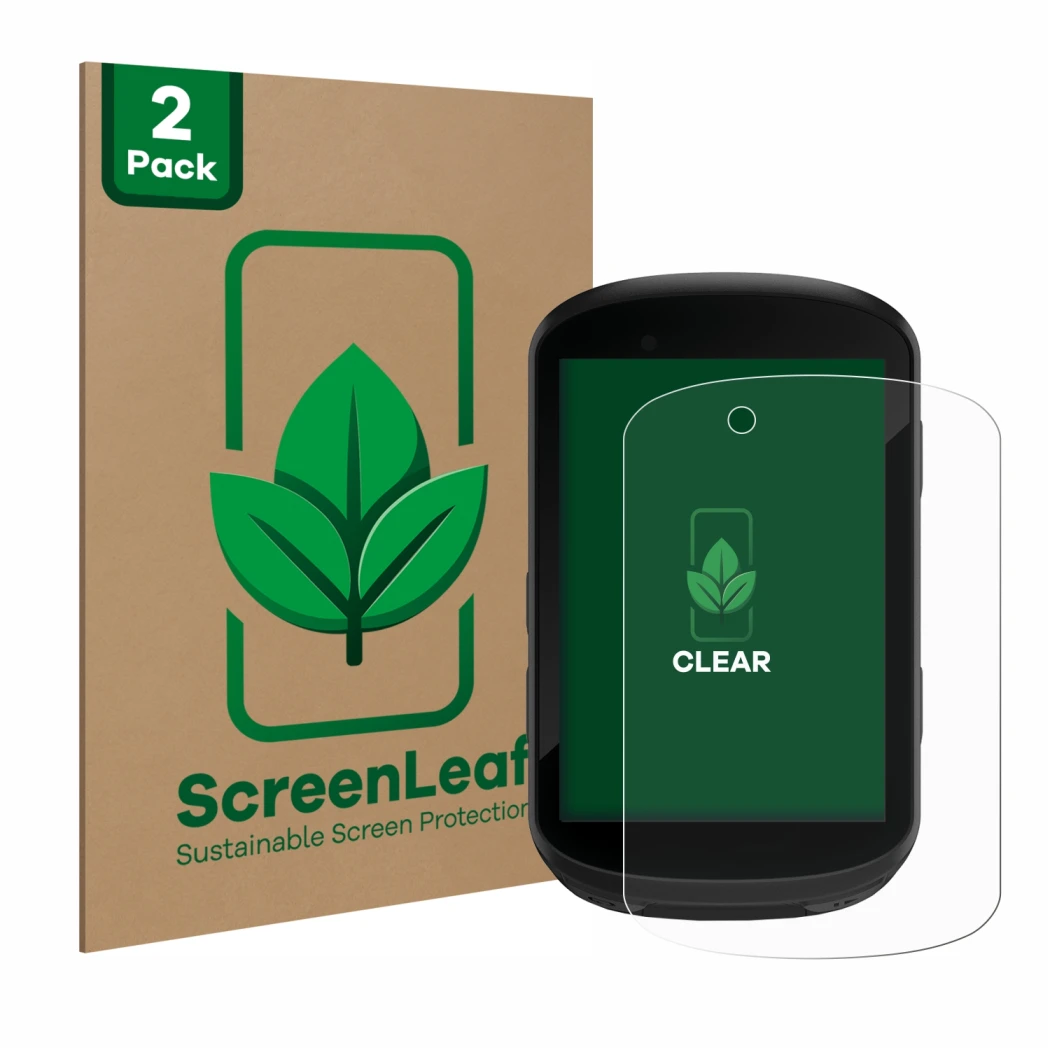 Parte frontale di una confezione del prodotto con il logo del marchio ScreenLeaf. Accanto è raffigurato il dispositivo Garmin 