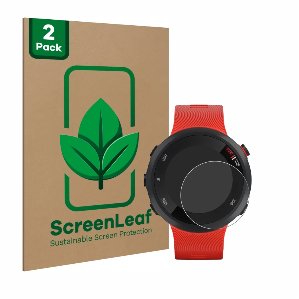 Parte frontale di una confezione del prodotto con il logo del marchio ScreenLeaf. Accanto è raffigurato il dispositivo Garmin 